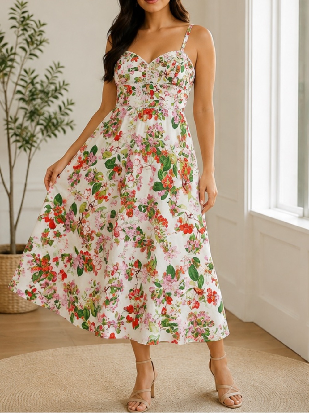 TAYLOR Floral Midi Sundress Size 6 NWT White Red Cherry Print Pockets Garden